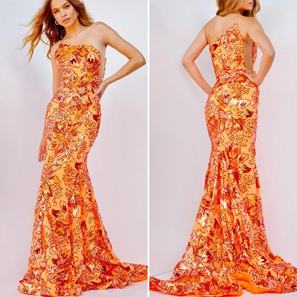 Jovani Dresses & Skirts - Jovani One Shoulder Sequin Orange Mesh Side Mermaid Train Gown size 14 08460